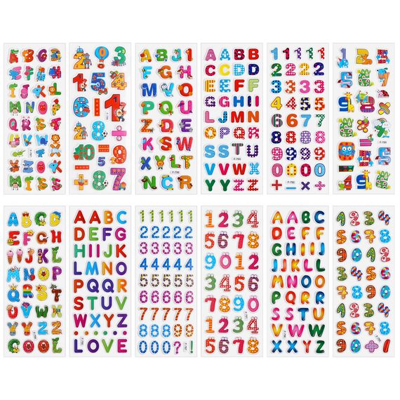 Cobee 3D Nummern Buchstaben Aufkleber für Kinder, 12 Blätter Bunte Alphabet Aufkleber geschwollene Kinder Aufkleber Selbstklebende Nummern Aufkleber DIY Dekoration Aufkleber für Mädchen Jungen