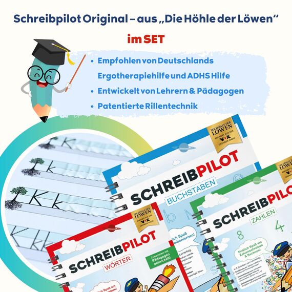 SCHREIBPILOT 3er Set Schreiblernhefte für ABC-Schützen mit vorgeprägten Buchstaben, Zahlen und Wörtern | Lernsystem entwickelt von Lehrern, Professoren und Schülern