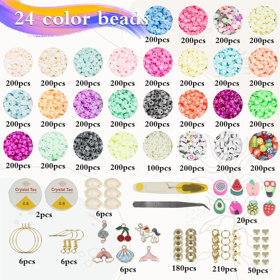 FEMBW Perlen Set Zum AuffäDeln für Armbänder Selber Machen, 6000+ 3mm Beads for Bracelet Making Kit, DIY Schmuck Machen Erwachsene, Smiley Charm Glasperlen Ohrringe Set, Farbe