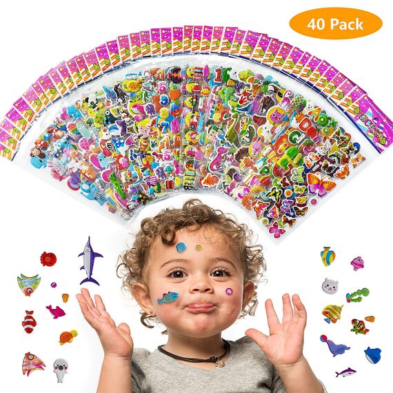 Sticker Kinder 1200+, IKWOLETI 3D Sticker Set für Kinder und Kleinkinder, Aufkleber Kinder inkl. Dino, Tiere, Zahlen, Buchstaben, Autos und Mehr (40 Blätter)