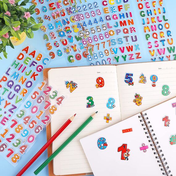 Cobee 3D Nummern Buchstaben Aufkleber für Kinder, 12 Blätter Bunte Alphabet Aufkleber geschwollene Kinder Aufkleber Selbstklebende Nummern Aufkleber DIY Dekoration Aufkleber für Mädchen Jungen