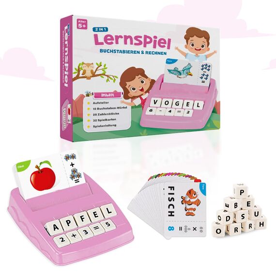 NIYYAH Buchstaben Lernspiel ABC Montessori Lernen ab 4 5 6 Jahre Vorschule Zahlen Rechnen Schulanfänger 1 Klasse Geschenk für Vorschulkind Lernspielzeug Einschulung (Rosa)