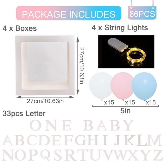 Babyparty Dekorationen, Baby Ballon Boxen mit 4 Lichterketten, 45 Rosa Blau Weißen Luftballons und 33 Buchstaben (ONE + BABY+A-Z), Baby Shower Boxen für Jungen Mädchen Babyparty Geschlecht Offenbaren