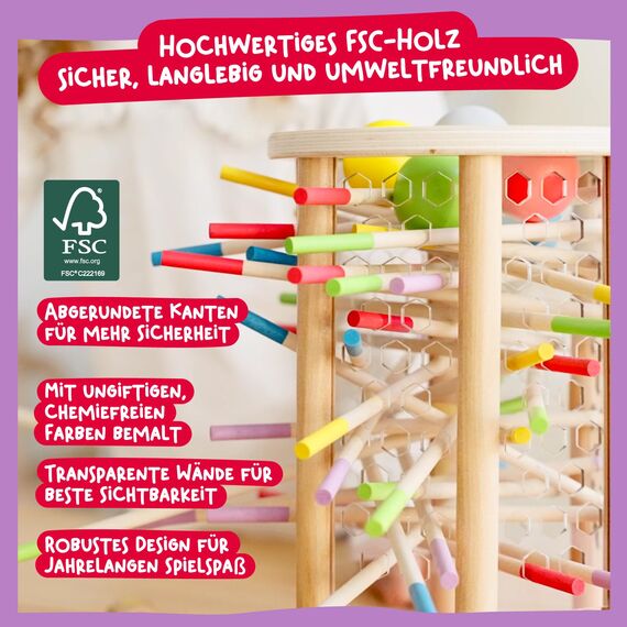 Nene Toys BALLFALL Groß – Montessori Spielzeug ab 3 4 5 6 Jahren – Geschicklichkeitsspiel & Lernspiel aus Holz mit bunten Stäbchen, Würfel & Karten – Kinderspiel, Geschenk Jungen Mädchen ab 3 Jahren