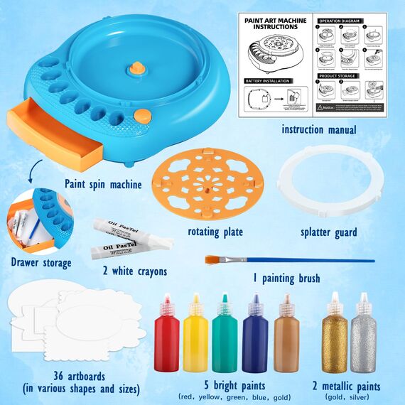 TingingYuli Spin Art Maschine für Kinder - Malset mit Drehscheibe, 36 Kunsttafeln & 7 Farben - Bastelset Malen für Jungen Mädchen ab 4-12 Jahre, Geburtstag Ostern Geschenke für 6 7 8 9 10 Jahre（Blau）