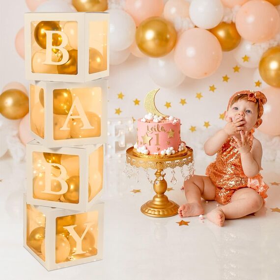 Balloon Box Babyparty Dekoration, 4 Lichterketten und 4Pcs Transparente Luftballon Boxen mit 33 Buchstaben(ONE+BABY+A-Z), 30 Partyballons für Jungen M?dchen Baby Shower, Geburtstag Party Hintergrund