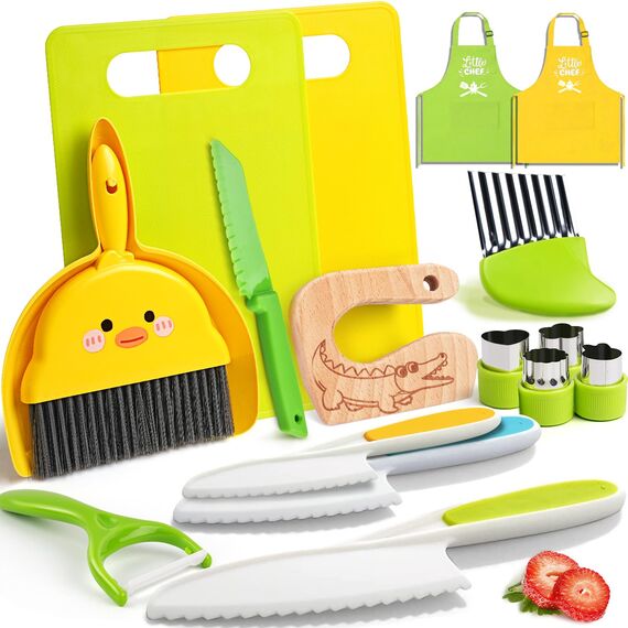 Kindermesser - 16 teiliges Kinder Sicherheit Küchenmesser für echtes Kochen mit Holzmesser, Kindermesser, Schneidebrett, Schäler etc. | Messer für Kinder ab 2 Jahren, Montessori Messer, kinder kochset
