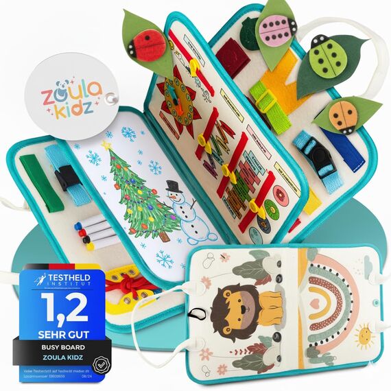 zoula kidz® Montessori Busy Board deutsch - Activity Board & Quiet Book mit 6 Seiten - sicheres & schadstofffreies Busy Book - ideales Kleinkind Spielzeug & Motorikspielzeug aus weichem Filz (Löwe)