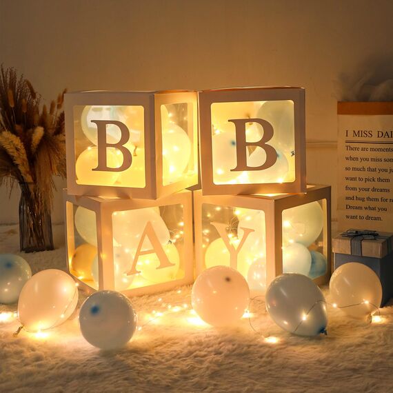 Babyparty Dekorationen, Baby Ballon Boxen mit 4 Lichterketten, 45 Rosa Blau Weißen Luftballons und 33 Buchstaben (ONE + BABY+A-Z), Baby Shower Boxen für Jungen Mädchen Babyparty Geschlecht Offenbaren