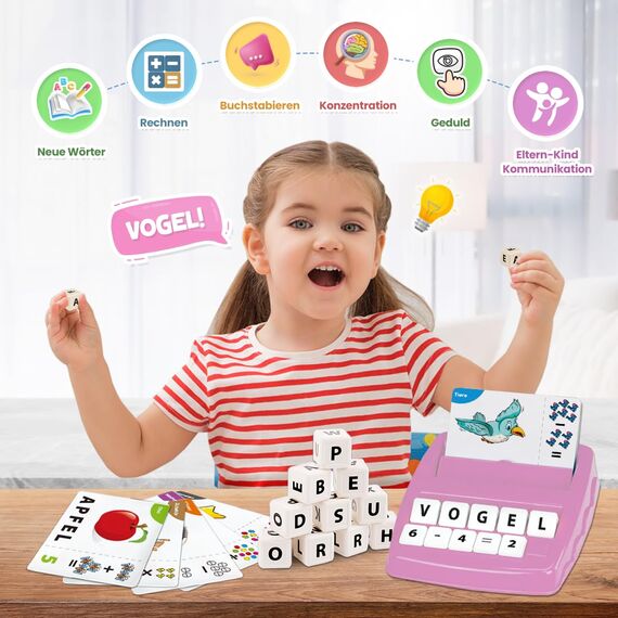 NIYYAH Buchstaben Lernspiel ABC Montessori Lernen ab 4 5 6 Jahre Vorschule Zahlen Rechnen Schulanfänger 1 Klasse Geschenk für Vorschulkind Lernspielzeug Einschulung (Rosa)