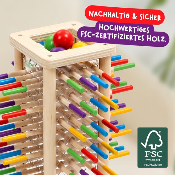 Nene Toys BALLFALL, Montessori Spielzeug ab 3 4 5 6 Jahren – Holzspiel für Kinder – Lernspiel mit Stäbchen, Würfel & Karten – Pädagogisches Brettspiel – Tolles Geschenk Mädchen Jungen von 3-9 Jahren