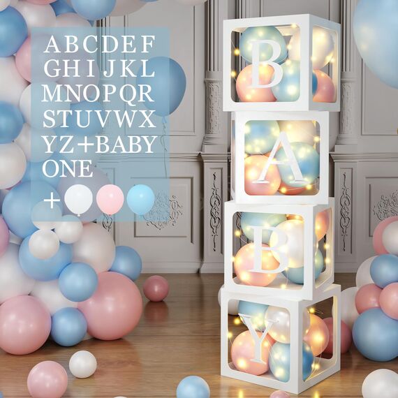 Babyparty Dekorationen, Baby Ballon Boxen mit 4 Lichterketten, 45 Rosa Blau Weißen Luftballons und 33 Buchstaben (ONE + BABY+A-Z), Baby Shower Boxen für Jungen Mädchen Babyparty Geschlecht Offenbaren