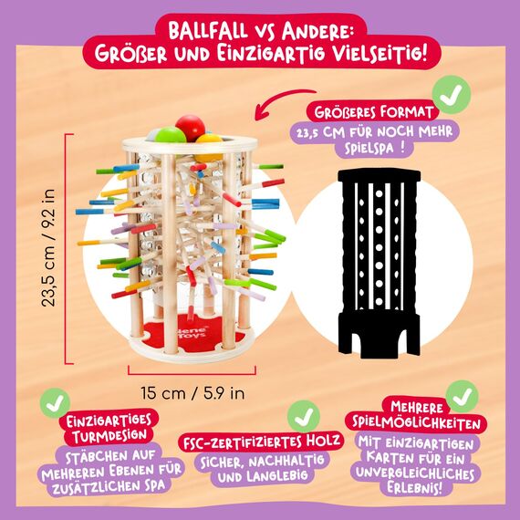Nene Toys BALLFALL Groß – Montessori Spielzeug ab 3 4 5 6 Jahren – Geschicklichkeitsspiel & Lernspiel aus Holz mit bunten Stäbchen, Würfel & Karten – Kinderspiel, Geschenk Jungen Mädchen ab 3 Jahren