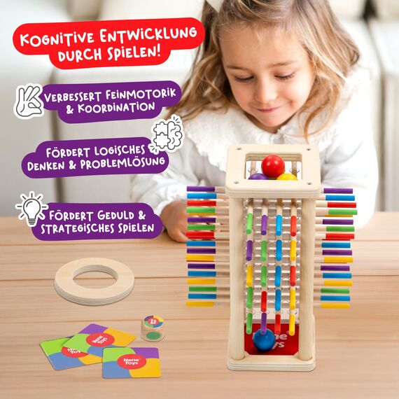 Nene Toys BALLFALL, Montessori Spielzeug ab 3 4 5 6 Jahren – Holzspiel für Kinder – Lernspiel mit Stäbchen, Würfel & Karten – Pädagogisches Brettspiel – Tolles Geschenk Mädchen Jungen von 3-9 Jahren