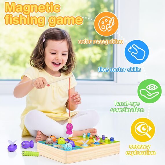 COOLJOY Spielzeug ab 2 Jahre, 3 in 1 Magnetische Angelspiel Motorikspielzeug, Spiele ab 2 3 Jahre, Montessori Spielzeug ab 2 3 Jahre, Holzspielzeug, Geschenke für Mädchen Junge,Ostern Geschenke Kinder