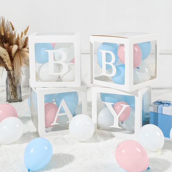 Babyparty Dekorationen, Baby Ballon Boxen mit 4 Lichterketten, 45 Rosa Blau Weißen Luftballons und 33 Buchstaben (ONE + BABY+A-Z), Baby Shower Boxen für Jungen Mädchen Babyparty Geschlecht Offenbaren