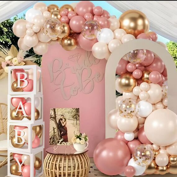 Mandarine Vintage Pink Babyparty Box Deko, 109 Stück Luftballon Girlande Rosa Weiß Gold, 4 Ballonbox mit 27 Buchstaben(B+A-Z), für Babyparty Deko Mädchen, Geburtstagsdeko Mädchen, Gender Reveal