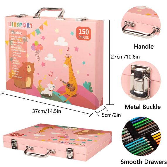 KINSPORY Premium Malkoffer Deluxe 150-teilig Malset für Kinder Anfänger Tolles Buntstifte Set, Wasserfarben, Ölpastellfarbe, zeichenstifte, Bleistifte als Zeichenset Geschenk Kinder