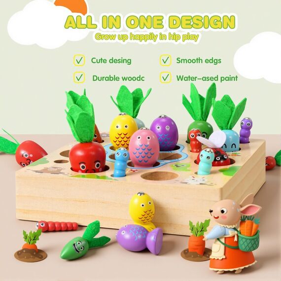 COOLJOY Montessori Spielzeug ab 2 3 Jahre, Karotten Steckspiel Holz, Magnetische Angelspie, Holzspielzeug Motorikspielzeug, Ostern Geschenke Kinder 2 3 4 Jahre Junge und Mädchen