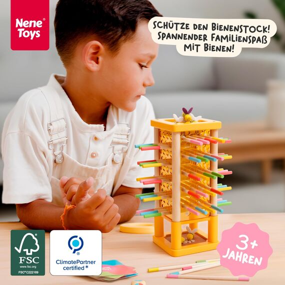 Nene Toys BEEFALL Bienen Geschicklichkeitsspiel für Kinder 3 4 5 6 Jahre – Holz-Turmspiel mit Würfel & Aktionskarten (3 Spielvarianten + Rainbow Sticks) – Montessori Spielzeug, Familienspiel