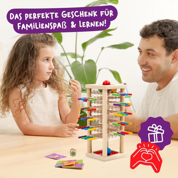 Nene Toys BALLFALL, Montessori Spielzeug ab 3 4 5 6 Jahren – Holzspiel für Kinder – Lernspiel mit Stäbchen, Würfel & Karten – Pädagogisches Brettspiel – Tolles Geschenk Mädchen Jungen von 3-9 Jahren