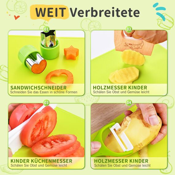 Kindermesser - 17 teiliges Kindersicheres Küchenmesser für Echtes Kochen mit Holzmesser, Schneidebrett | BPA-frei, Kinderfreundlich Lernmesser, Montessori Messer, Kinder Schneidemesser ab 2 jahre