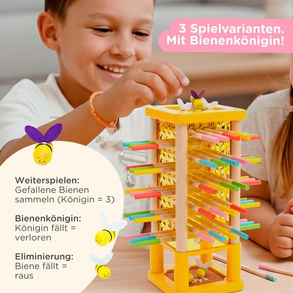 Nene Toys BEEFALL Bienen Geschicklichkeitsspiel für Kinder 3 4 5 6 Jahre – Holz-Turmspiel mit Würfel & Aktionskarten (3 Spielvarianten + Rainbow Sticks) – Montessori Spielzeug, Familienspiel