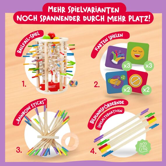 Nene Toys BALLFALL Groß – Montessori Spielzeug ab 3 4 5 6 Jahren – Geschicklichkeitsspiel & Lernspiel aus Holz mit bunten Stäbchen, Würfel & Karten – Kinderspiel, Geschenk Jungen Mädchen ab 3 Jahren