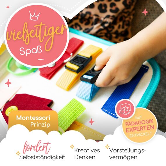 zoula kidz® Montessori Busy Board deutsch - Activity Board & Quiet Book mit 6 Seiten - sicheres & schadstofffreies Busy Book - ideales Kleinkind Spielzeug & Motorikspielzeug aus weichem Filz (Löwe)