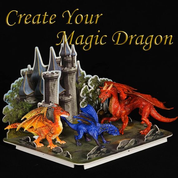 whatstem Bastelset für Kinder – Drachenspielzeug-Malset mit 3 Drachenfiguren und 3D-Puzzleschloss, bestes Tween-Farbgeschenk, um einen eigenen mächtigen Drachen zu erschaffen