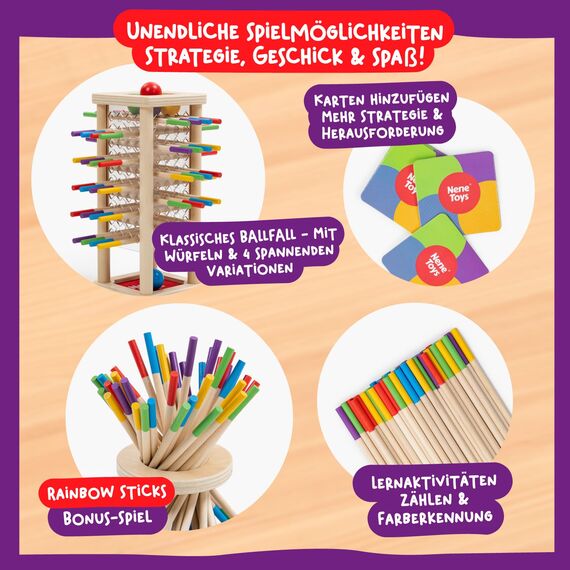 Nene Toys BALLFALL, Montessori Spielzeug ab 3 4 5 6 Jahren – Holzspiel für Kinder – Lernspiel mit Stäbchen, Würfel & Karten – Pädagogisches Brettspiel – Tolles Geschenk Mädchen Jungen von 3-9 Jahren