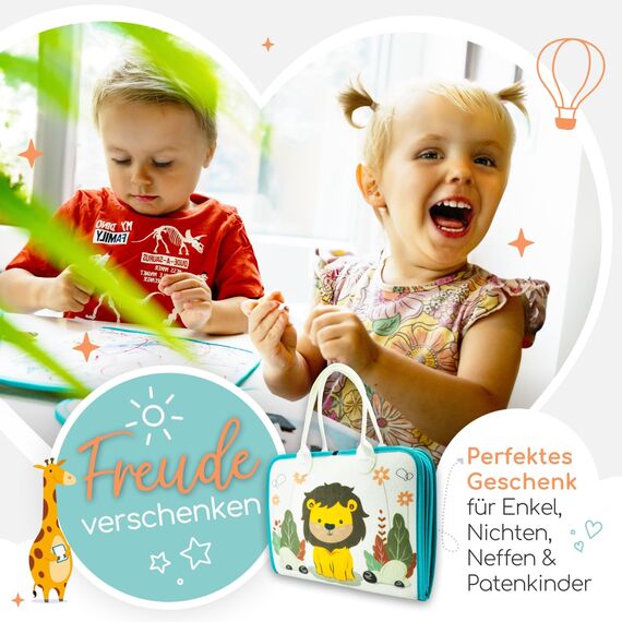 zoula kidz® Montessori Busy Board deutsch - Activity Board & Quiet Book mit 6 Seiten - sicheres & schadstofffreies Busy Book - ideales Kleinkind Spielzeug & Motorikspielzeug aus weichem Filz (Löwe)