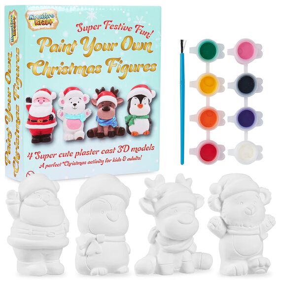 KreativeKraft Weihnachtsdeko Bastelset Kinder, Gips Figuren zum Bemalen, DIY Bastelsets für Kinder (4er-Set)