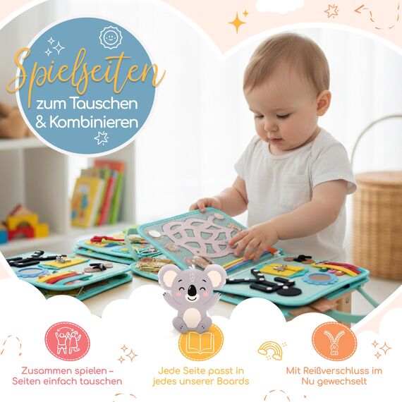 zoula kidz® Busy Board deutsch Montessori Spielzeug Ab 3 Jahre - Motorikspielzeug mit 6 interaktiven Spielseiten - Activity Board mit weichem Alpaka-Fell zum Ertasten - Busy Book für Reisen & Alltag
