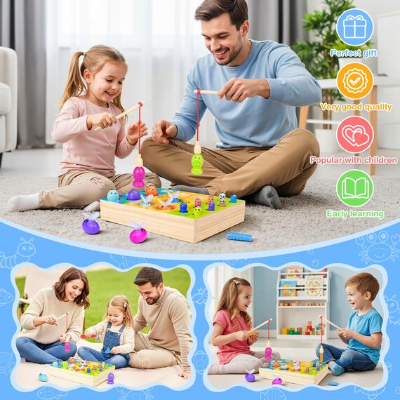 COOLJOY Spielzeug ab 2 Jahre, 3 in 1 Magnetische Angelspiel Motorikspielzeug, Spiele ab 2 3 Jahre, Montessori Spielzeug ab 2 3 Jahre, Holzspielzeug, Geschenke für Mädchen Junge,Ostern Geschenke Kinder
