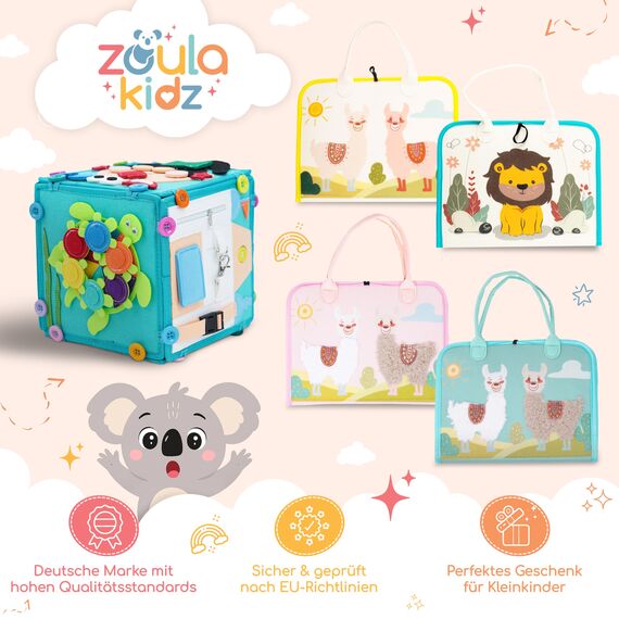 zoula kidz® Busy Board deutsch Montessori Spielzeug Ab 3 Jahre - Motorikspielzeug mit 6 interaktiven Spielseiten - Activity Board mit weichem Alpaka-Fell zum Ertasten - Busy Book für Reisen & Alltag