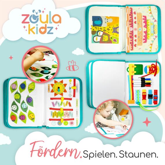 zoula kidz® Montessori Busy Board deutsch - Activity Board & Quiet Book mit 6 Seiten - sicheres & schadstofffreies Busy Book - ideales Kleinkind Spielzeug & Motorikspielzeug aus weichem Filz (Löwe)