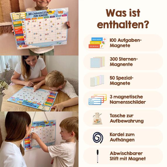 Edubini Belohnungstafel für Kinder - [100 Aufgaben + 350 Magnete] - Belohnungssystem für Verantwortung - Family Plan, Montessori Magnettafel, Wochenplaner, Adhs Hilfsmittel - inkl. Tasche, Stift