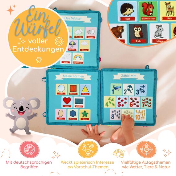 zoula kidz® Busy Cube - Motorikwürfel & Busy Board 2-in-1 - Faltbares Montessori Spielzeug ab 3 Jahre - Wandelbar zu Buch und Steckwürfel - Motorikspielzeug & Activity Board mit 12 Spielseiten