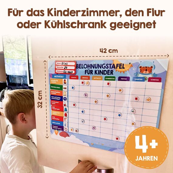 Edubini Belohnungstafel für Kinder - [100 Aufgaben + 350 Magnete] - Belohnungssystem für Verantwortung - Family Plan, Montessori Magnettafel, Wochenplaner, Adhs Hilfsmittel - inkl. Tasche, Stift