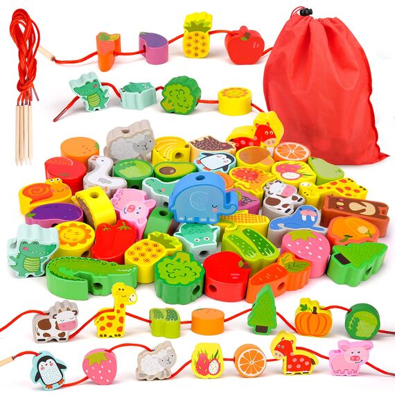 Sheirying Montessori Spielzeug, Holzspielzeug Fädelspiel Geschenk Motorikspielzeug ab 3 4 5 Jahr Madchen Jungen Baby Kinderspielzeug Holzperlen für Kinder Geschenke