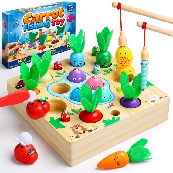 COOLJOY Montessori Spielzeug ab 2 3 Jahre, Karotten Steckspiel Holz, Magnetische Angelspie, Holzspielzeug Motorikspielzeug, Ostern Geschenke Kinder 2 3 4 Jahre Junge und Mädchen