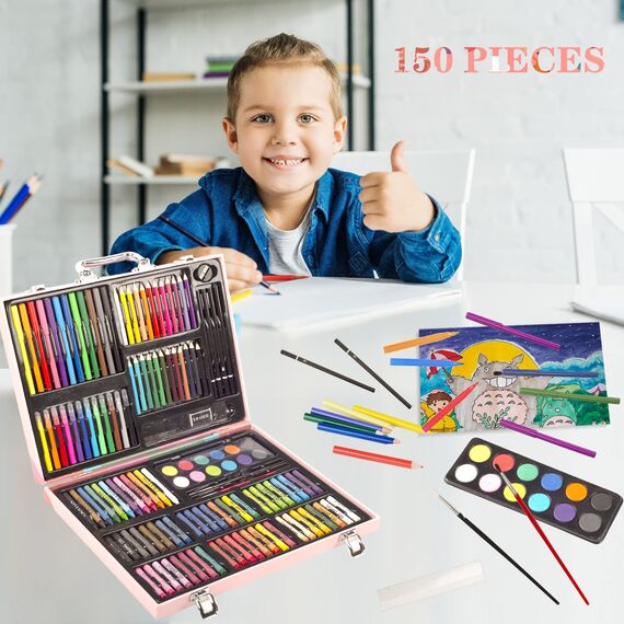 KINSPORY Premium Malkoffer Deluxe 150-teilig Malset für Kinder Anfänger Tolles Buntstifte Set, Wasserfarben, Ölpastellfarbe, zeichenstifte, Bleistifte als Zeichenset Geschenk Kinder