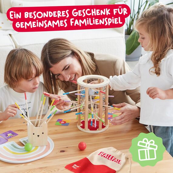 Nene Toys BALLFALL Groß – Montessori Spielzeug ab 3 4 5 6 Jahren – Geschicklichkeitsspiel & Lernspiel aus Holz mit bunten Stäbchen, Würfel & Karten – Kinderspiel, Geschenk Jungen Mädchen ab 3 Jahren
