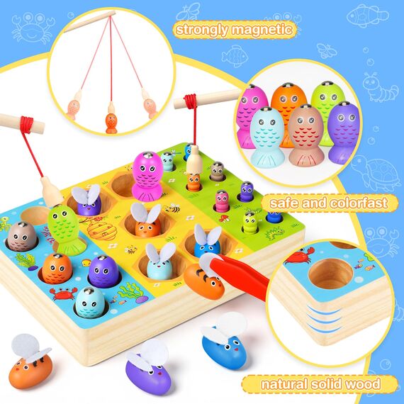 COOLJOY Spielzeug ab 2 Jahre, 3 in 1 Magnetische Angelspiel Motorikspielzeug, Spiele ab 2 3 Jahre, Montessori Spielzeug ab 2 3 Jahre, Holzspielzeug, Geschenke für Mädchen Junge,Ostern Geschenke Kinder