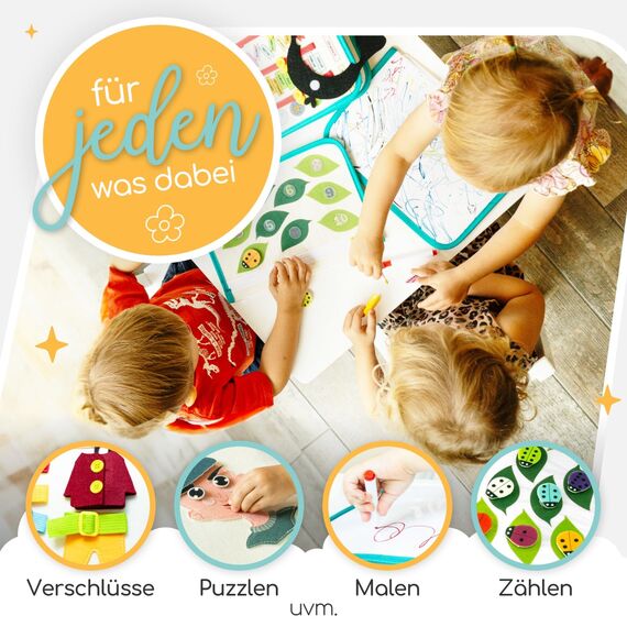 zoula kidz® Montessori Busy Board deutsch - Activity Board & Quiet Book mit 6 Seiten - sicheres & schadstofffreies Busy Book - ideales Kleinkind Spielzeug & Motorikspielzeug aus weichem Filz (Löwe)