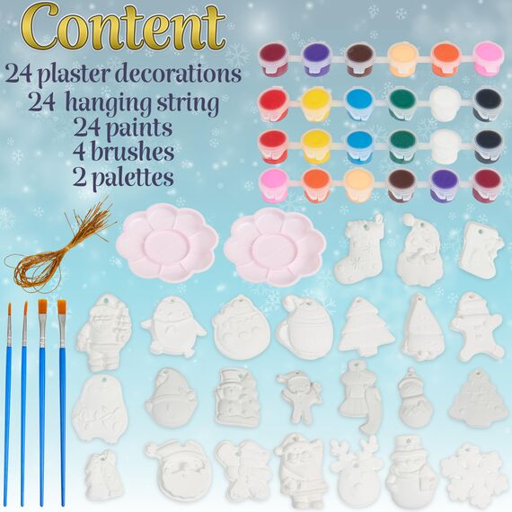 KreativeKraft Weihnachtsdeko Bastelset Kinder, Gips Figuren zum Bemalen, DIY Bastelsets für Kinder (24er-Set)