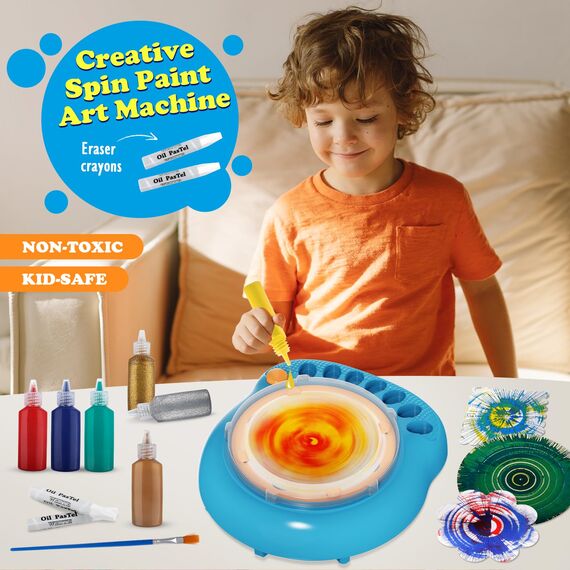 TingingYuli Spin Art Maschine für Kinder - Malset mit Drehscheibe, 36 Kunsttafeln & 7 Farben - Bastelset Malen für Jungen Mädchen ab 4-12 Jahre, Geburtstag Ostern Geschenke für 6 7 8 9 10 Jahre（Blau）