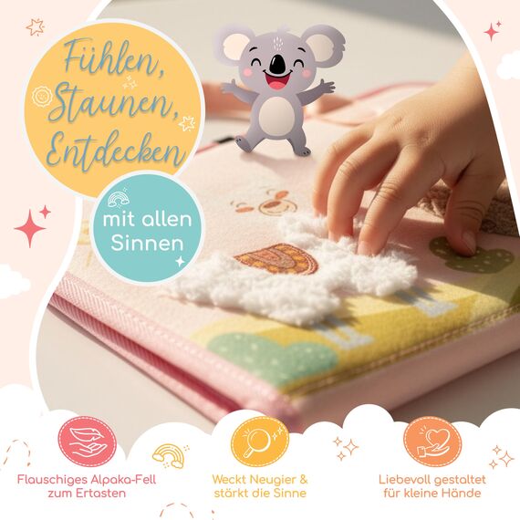 zoula kidz® Busy Board deutsch Montessori Spielzeug Ab 3 Jahre - Motorikspielzeug mit 6 interaktiven Spielseiten - Activity Board mit weichem Alpaka-Fell zum Ertasten - Busy Book für Reisen & Alltag