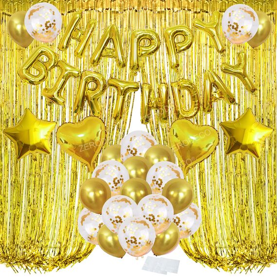 ZERODECO Geburtstagsfeier Dekoration, Gold Happy Birthday Buchstaben Ballons Folienvorhänge Mylarfolie Stern und Herzform Ballons Konfetti Luftballons - Perfekte Geburtstags Party Deko Zubehör